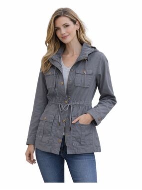 41 Hawthorn Utility Jacket Womens Medium Gray Anorak Hooded Cinch Waist